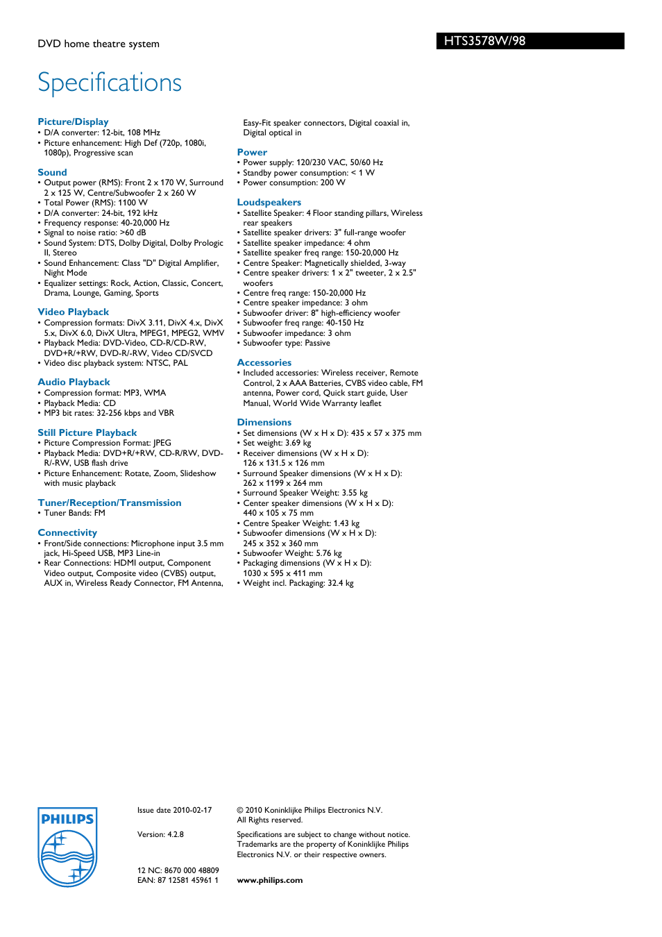 Specifications | Philips HTS3578W/98 User Manual | Page 3 / 3