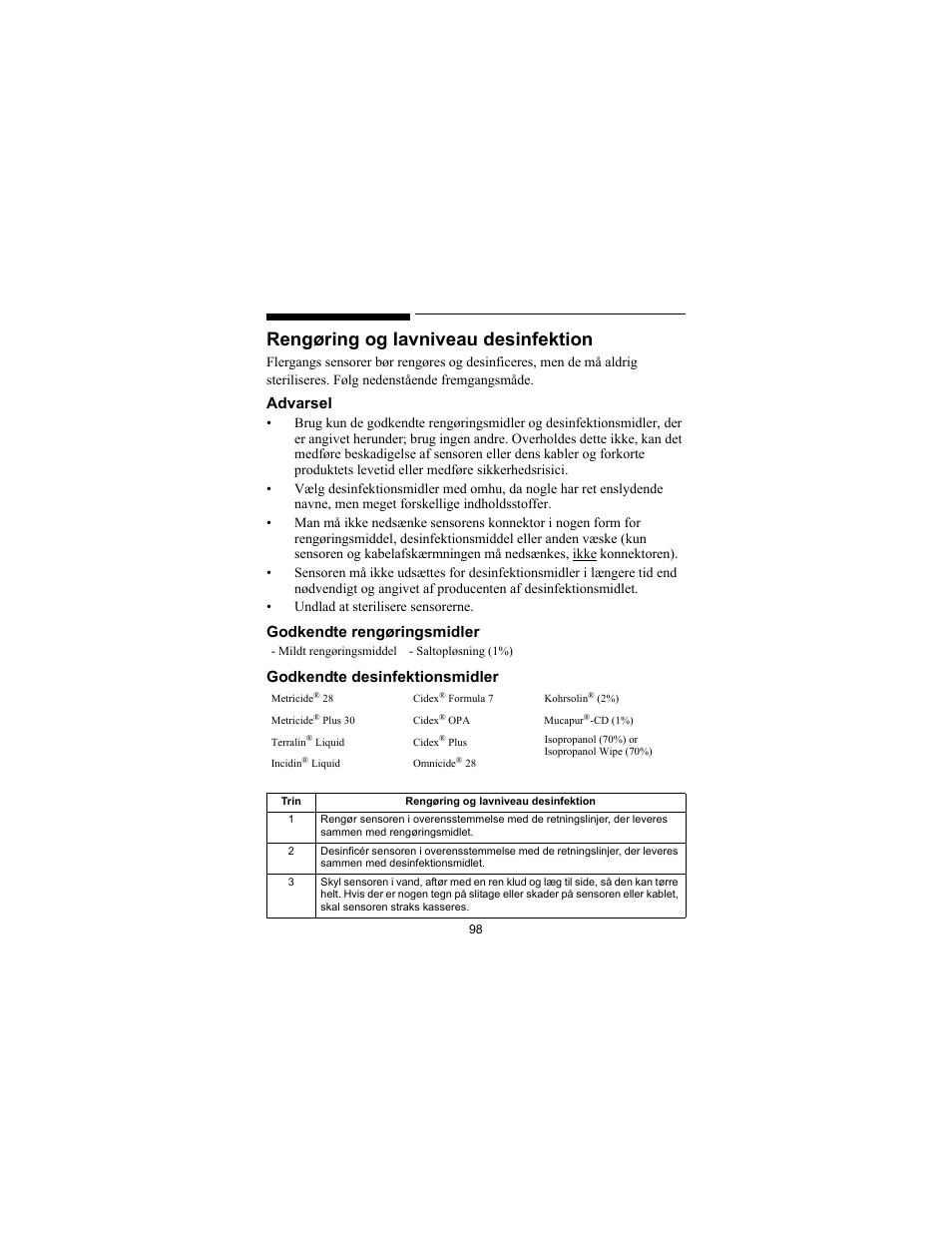 Rengøring og lavniveau desinfektion, Advarsel | Philips SPO2 M1191A User Manual | Page 100 / 247