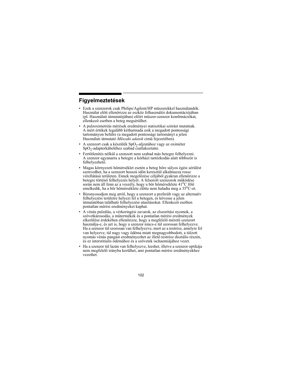 Figyelmeztetések | Philips SPO2 M1191A User Manual | Page 104 / 247
