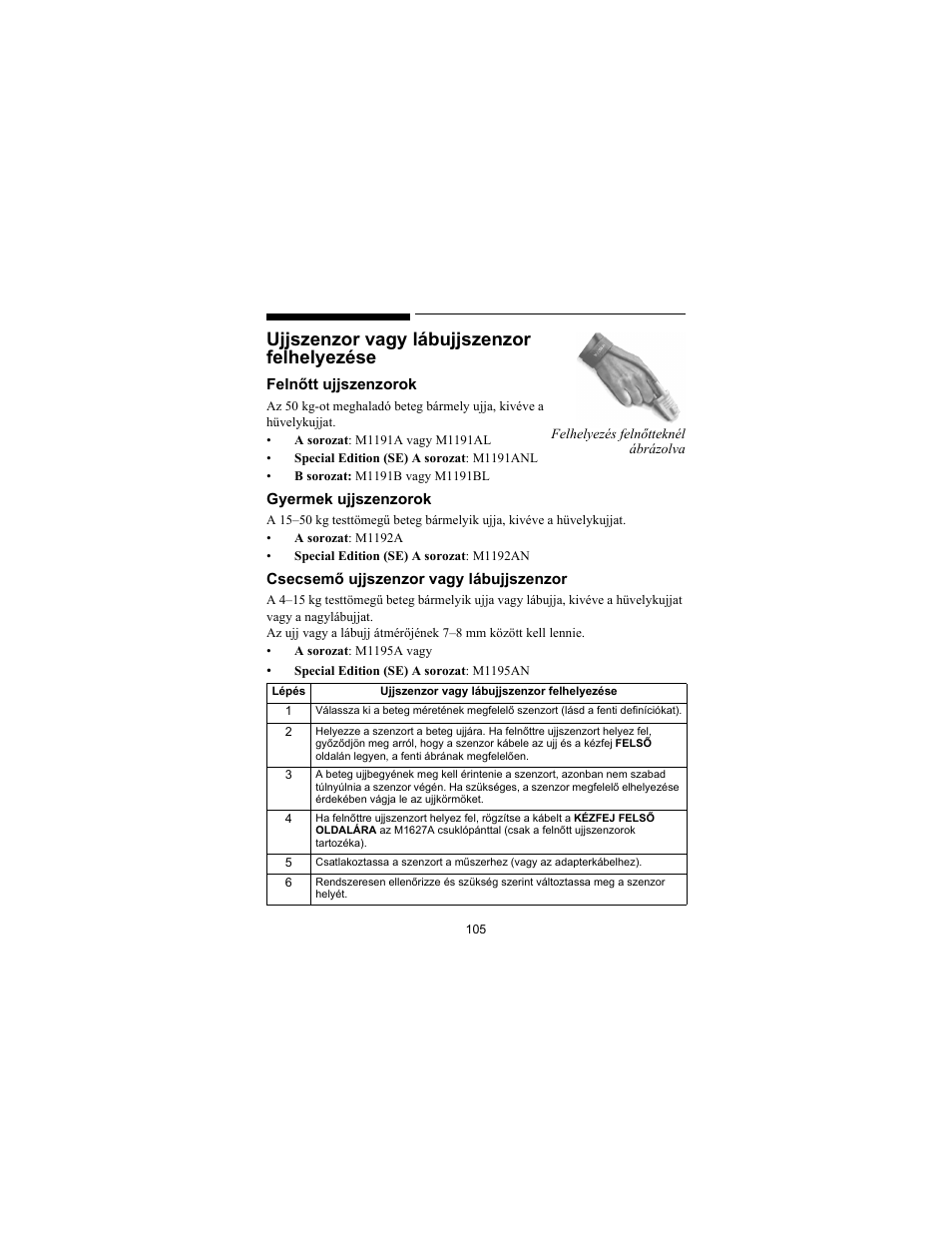Ujjszenzor vagy lábujjszenzor felhelyezése | Philips SPO2 M1191A User Manual | Page 107 / 247