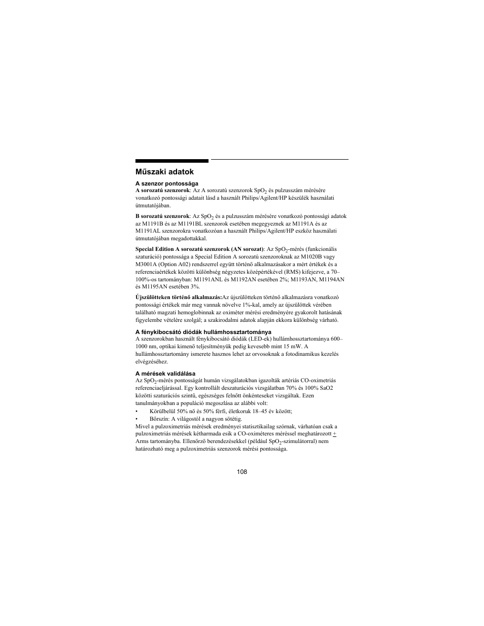 Műszaki adatok | Philips SPO2 M1191A User Manual | Page 110 / 247