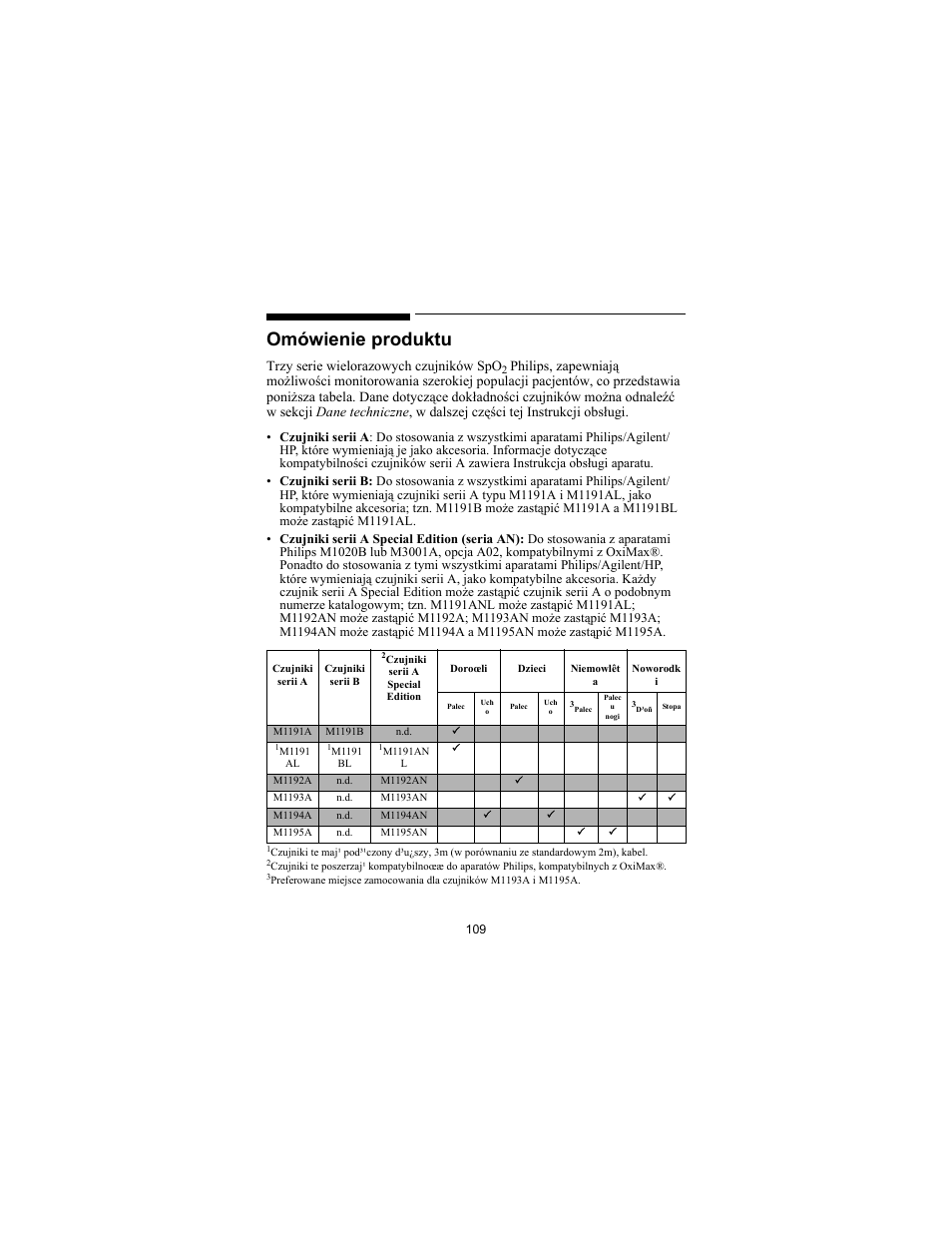 Omówienie produktu, Trzy serie wielorazowych czujników spo | Philips SPO2 M1191A User Manual | Page 111 / 247