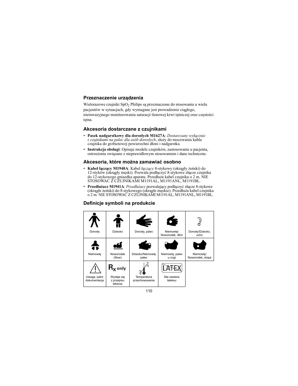 Przeznaczenie urządzenia, Akcesoria dostarczane z czujnikami, Akcesoria, które można zamawiać osobno | Definicje symboli na produkcie | Philips SPO2 M1191A User Manual | Page 112 / 247