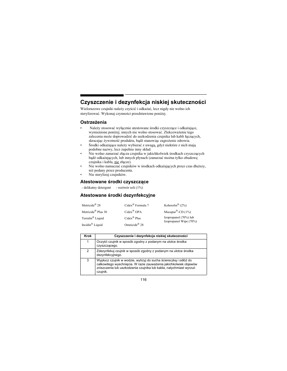 Czyszczenie i dezynfekcja niskiej skuteczności, Ostrzeżenia | Philips SPO2 M1191A User Manual | Page 118 / 247