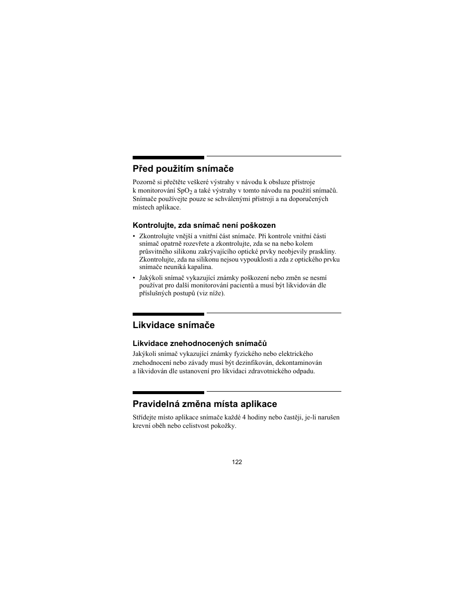 Před použitím snímače, Likvidace snímače, Pravidelná změna místa aplikace | Philips SPO2 M1191A User Manual | Page 124 / 247