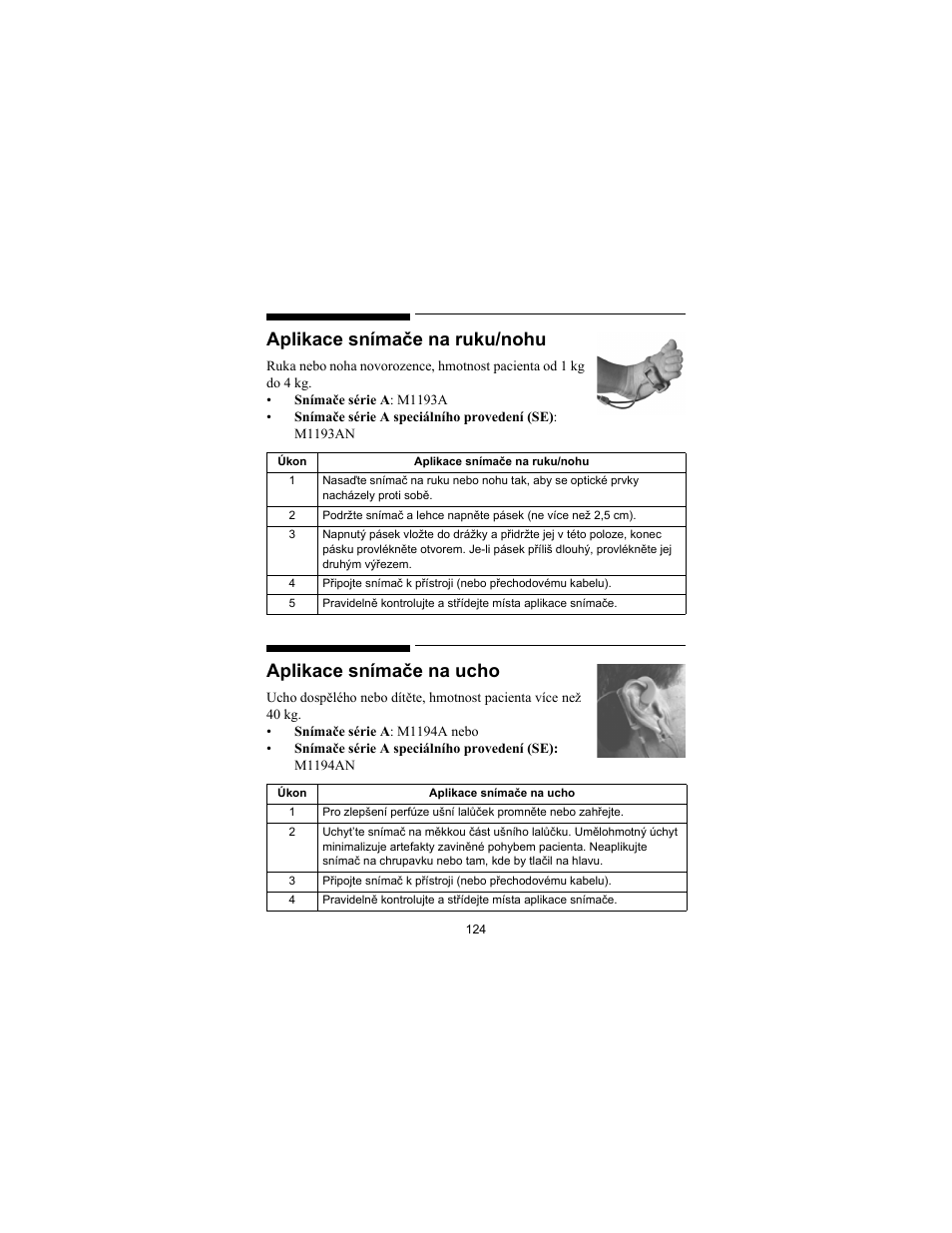 Aplikace snímače na ruku/nohu, Aplikace snímače na ucho | Philips SPO2 M1191A User Manual | Page 126 / 247