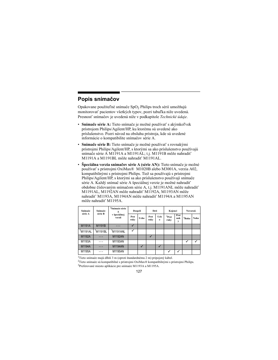 Popis snímačov, Opakovane použiteľné snímače spo | Philips SPO2 M1191A User Manual | Page 129 / 247