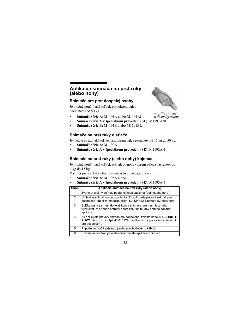 Aplikácia snímača na prst ruky (alebo nohy) | Philips SPO2 M1191A User Manual | Page 134 / 247