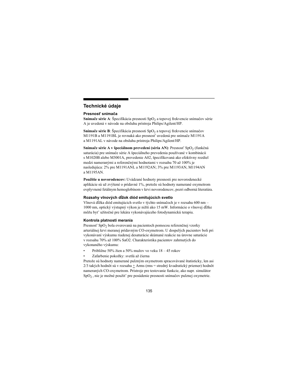 Technické údaje | Philips SPO2 M1191A User Manual | Page 137 / 247