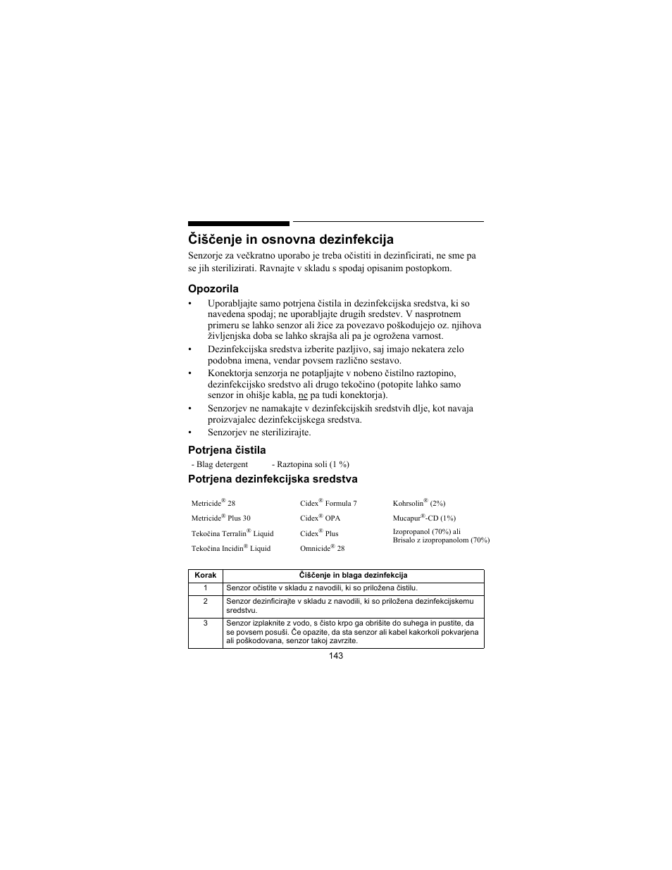 Čiščenje in osnovna dezinfekcija, Opozorila, Potrjena čistila potrjena dezinfekcijska sredstva | Philips SPO2 M1191A User Manual | Page 145 / 247