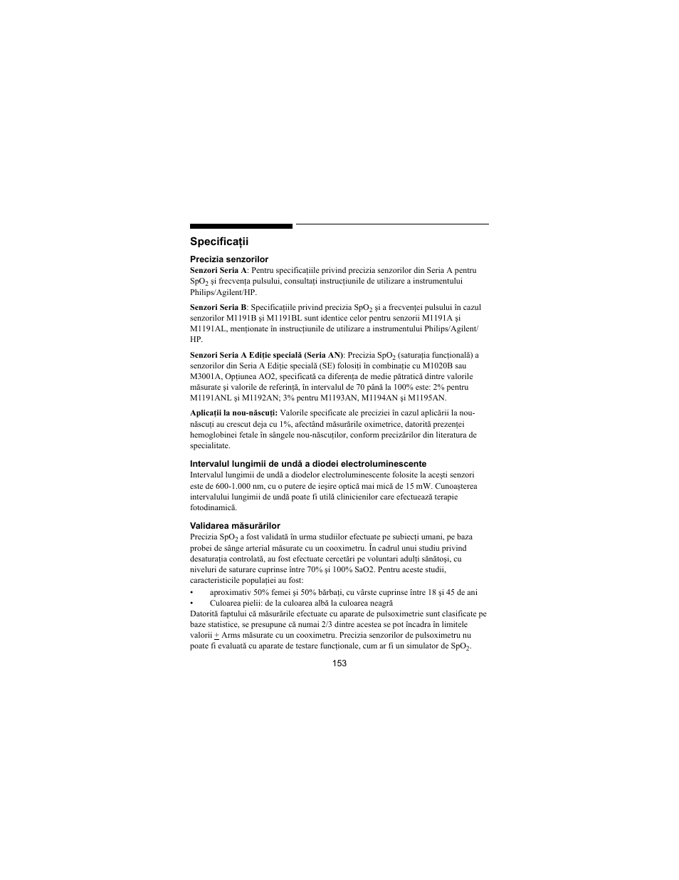Specificaţii | Philips SPO2 M1191A User Manual | Page 155 / 247