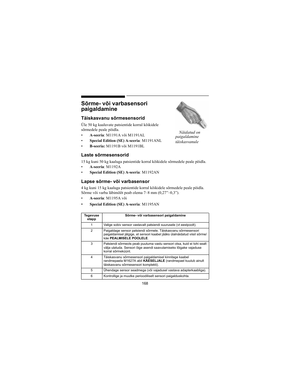 Sõrme- või varbasensori paigaldamine | Philips SPO2 M1191A User Manual | Page 170 / 247