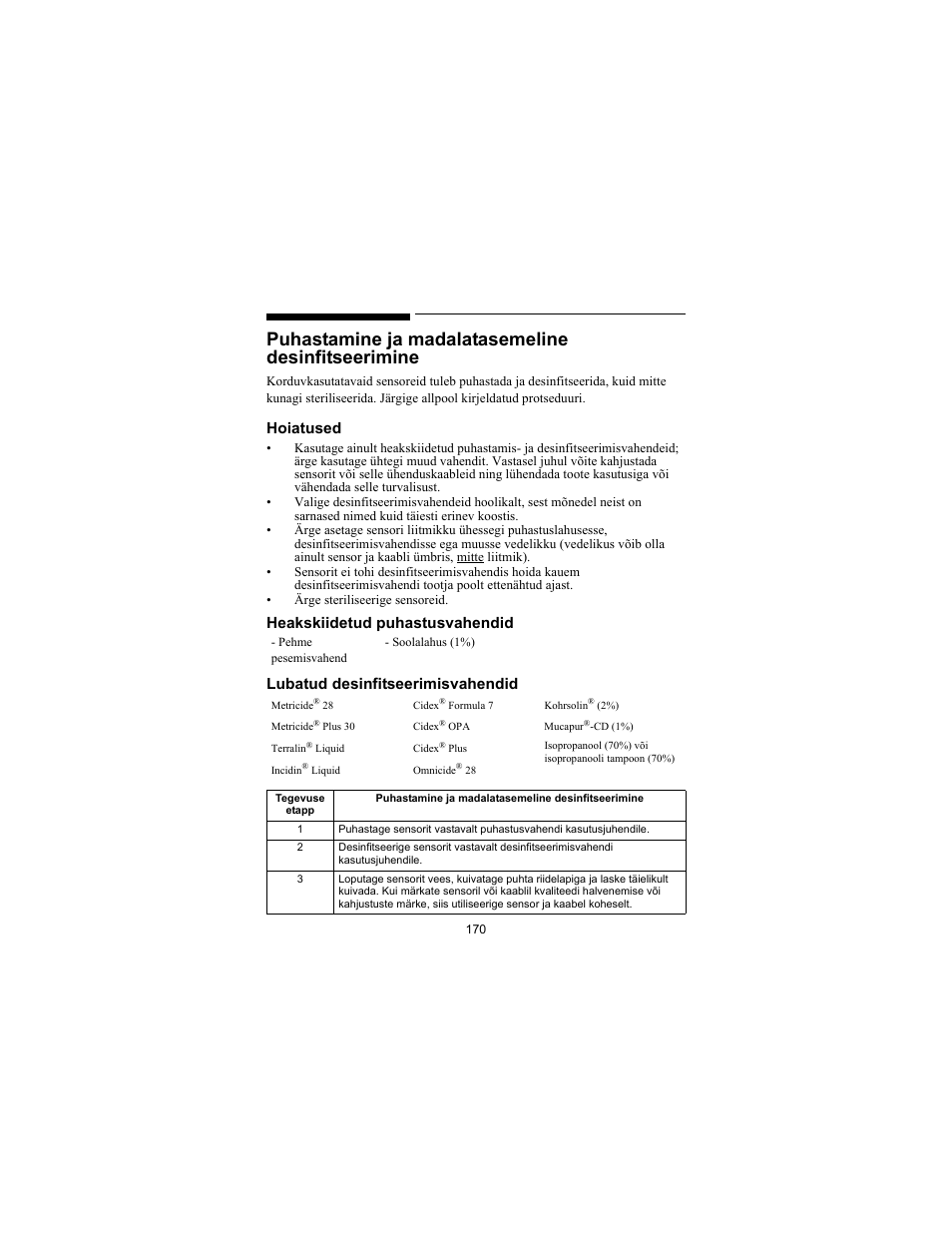 Puhastamine ja madalatasemeline desinfitseerimine, Hoiatused | Philips SPO2 M1191A User Manual | Page 172 / 247