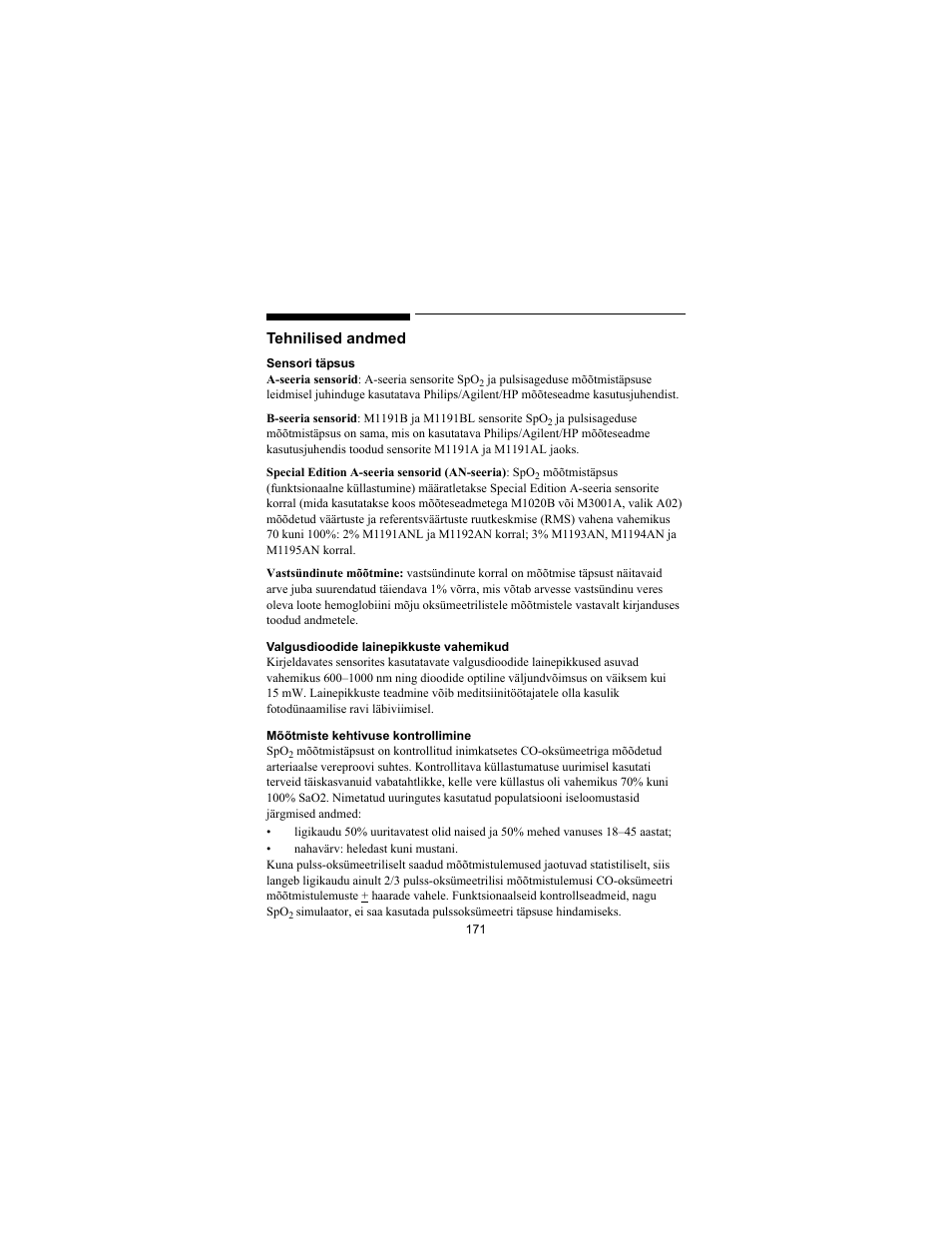 Tehnilised andmed | Philips SPO2 M1191A User Manual | Page 173 / 247
