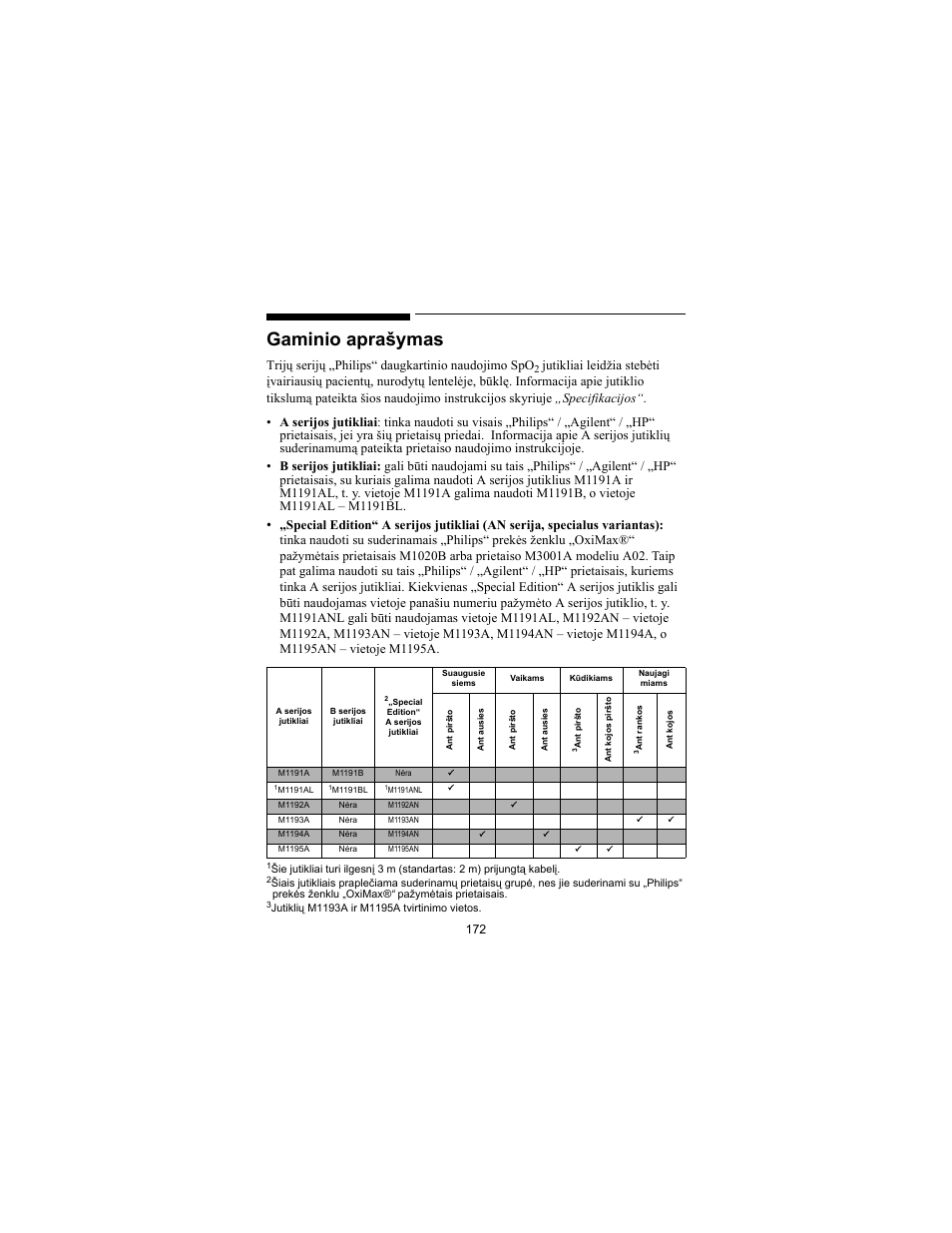 Gaminio aprašymas, Trijų serijų „philips“ daugkartinio naudojimo spo | Philips SPO2 M1191A User Manual | Page 174 / 247