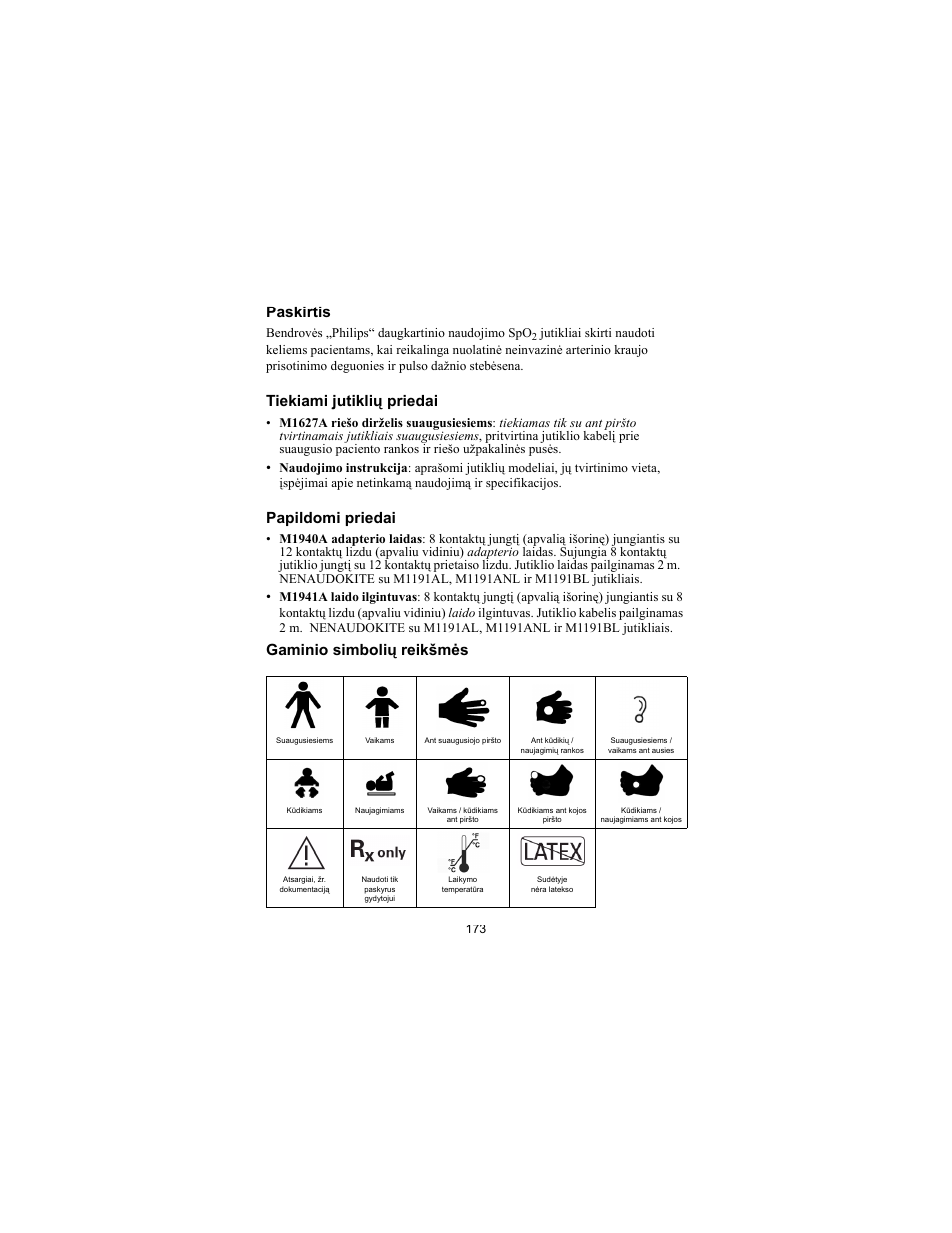 Paskirtis, Tiekiami jutiklių priedai, Papildomi priedai | Gaminio simbolių reikšmės | Philips SPO2 M1191A User Manual | Page 175 / 247