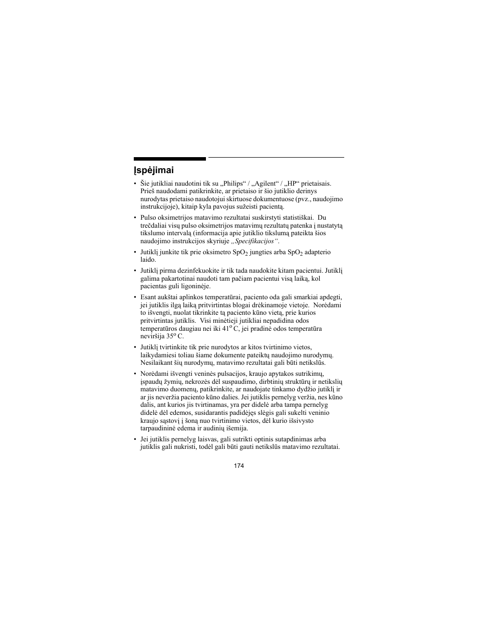 Įspėjimai | Philips SPO2 M1191A User Manual | Page 176 / 247