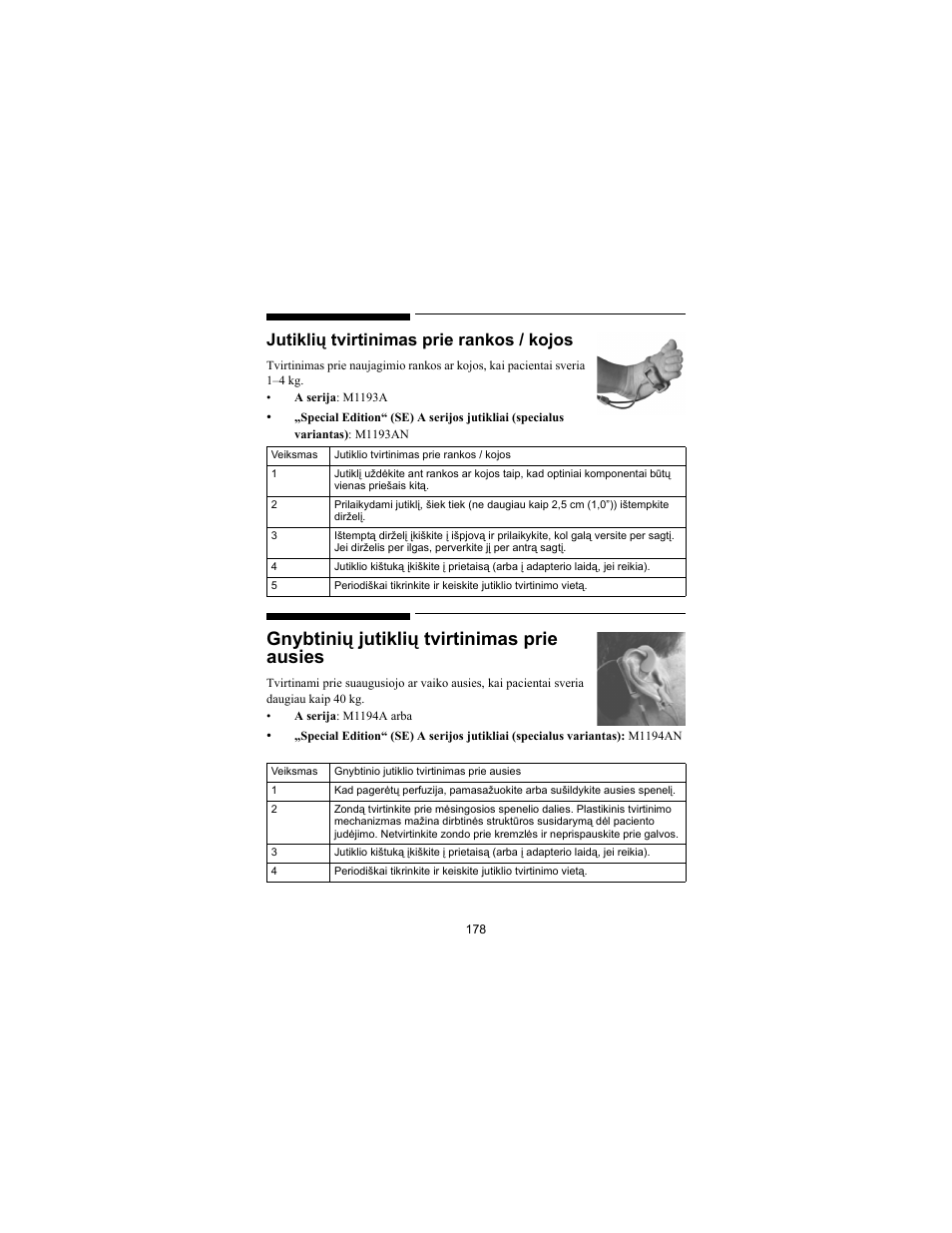 Gnybtinių jutiklių tvirtinimas prie ausies, Jutiklių tvirtinimas prie rankos / kojos | Philips SPO2 M1191A User Manual | Page 180 / 247
