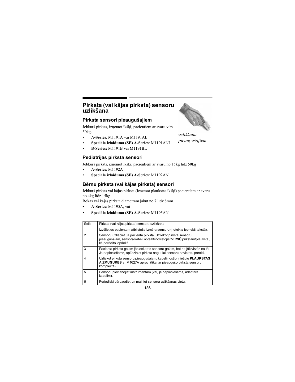 Pirksta (vai kājas pirksta) sensoru uzlikšana | Philips SPO2 M1191A User Manual | Page 188 / 247