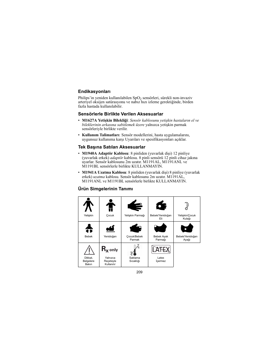 Endikasyonları, Sensörlerle birlikte verilen aksesuarlar, Tek başına satılan aksesuarlar | Ürün simgelerinin tanımı | Philips SPO2 M1191A User Manual | Page 211 / 247