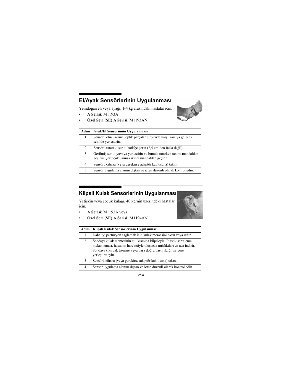 El/ayak sensörlerinin uygulanması, Klipsli kulak sensörlerinin uygulanması | Philips SPO2 M1191A User Manual | Page 216 / 247