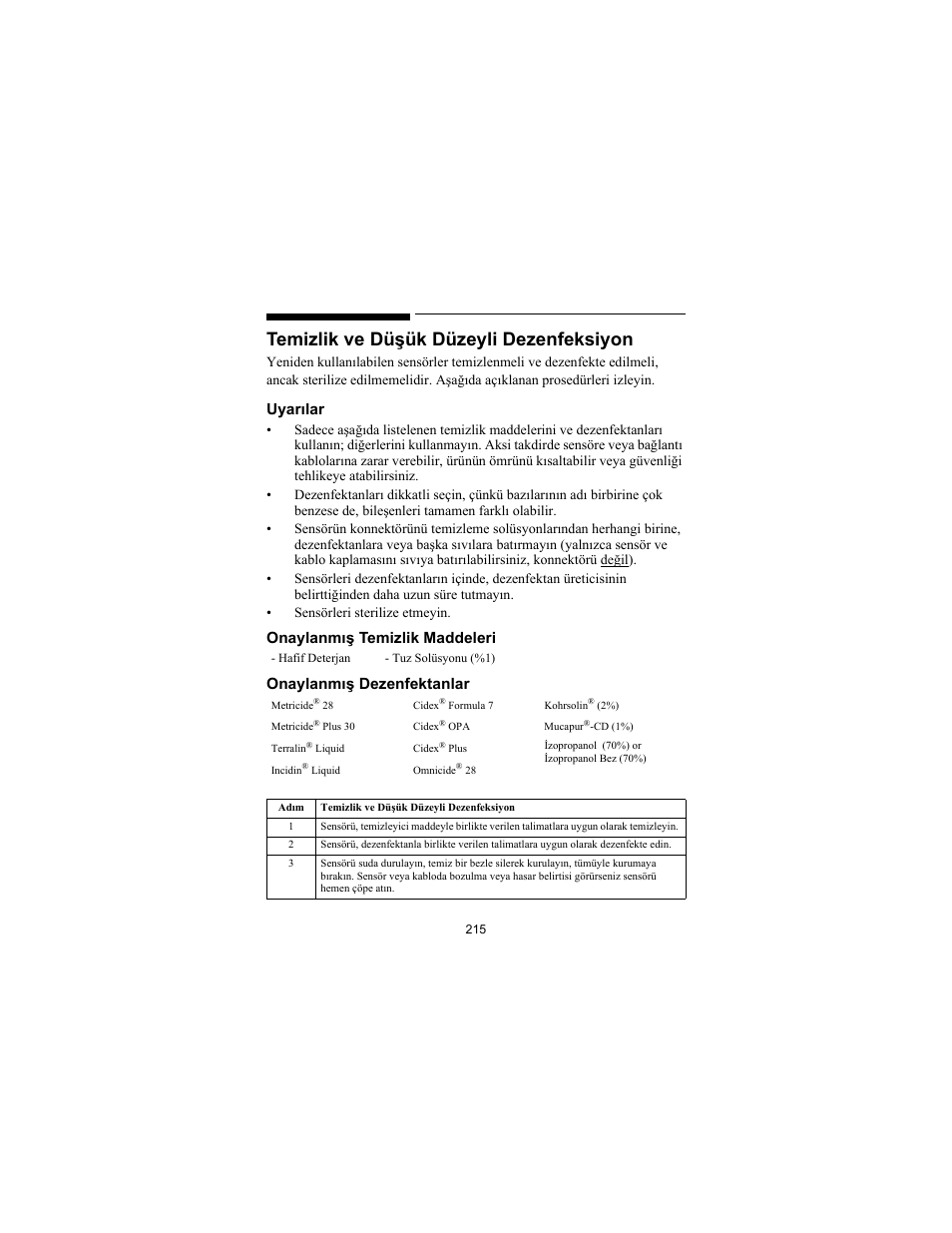 Temizlik ve düşük düzeyli dezenfeksiyon, Uyarılar | Philips SPO2 M1191A User Manual | Page 217 / 247