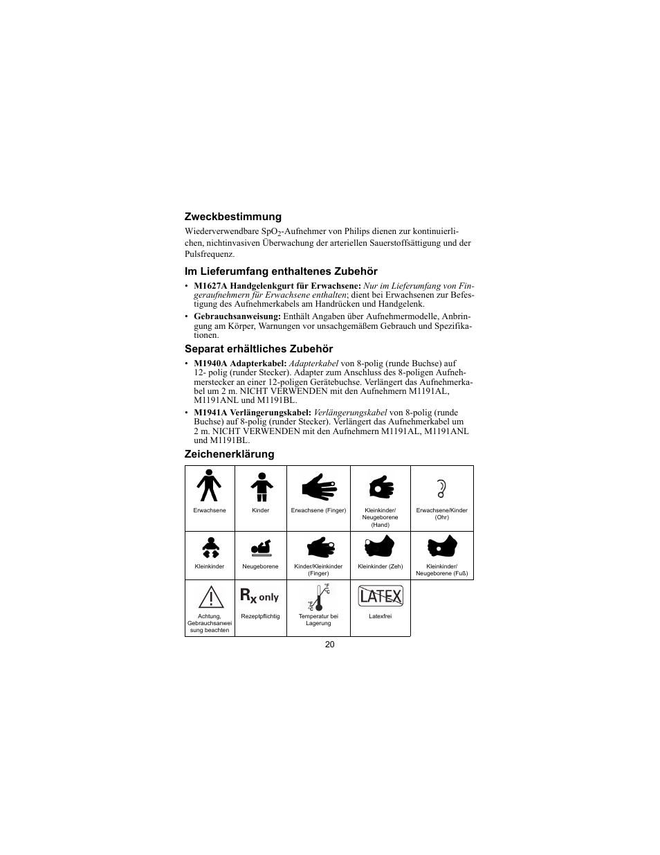 Zweckbestimmung, Im lieferumfang enthaltenes zubehör, Separat erhältliches zubehör | Zeichenerklärung | Philips SPO2 M1191A User Manual | Page 22 / 247