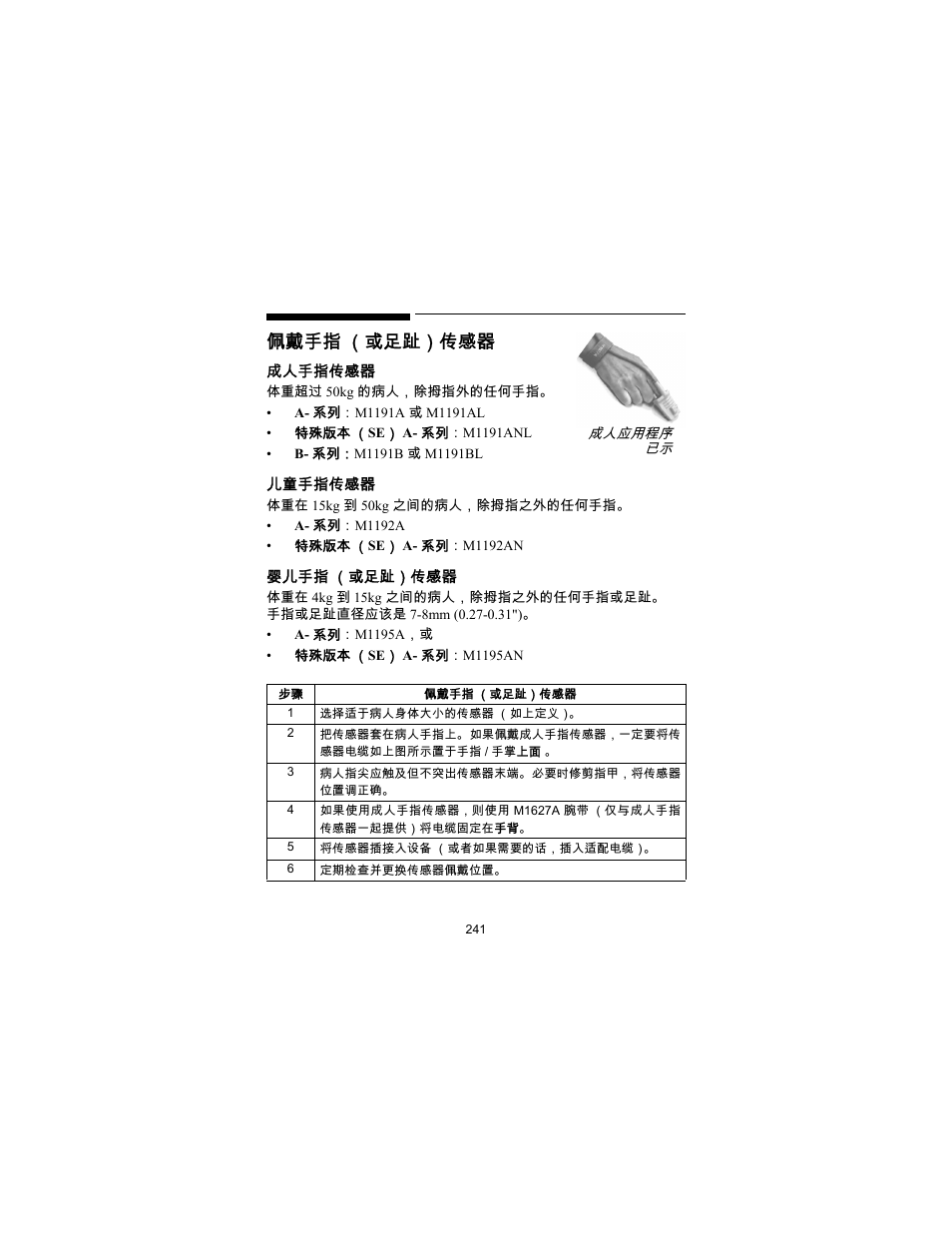 佩戴手指 （或足趾）传感器 | Philips SPO2 M1191A User Manual | Page 243 / 247