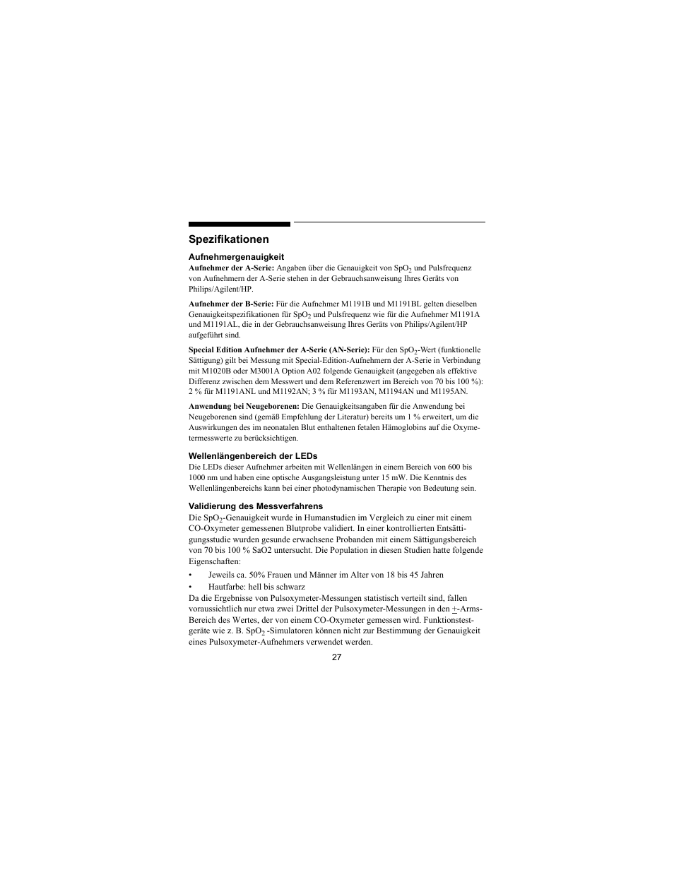 Spezifikationen | Philips SPO2 M1191A User Manual | Page 29 / 247