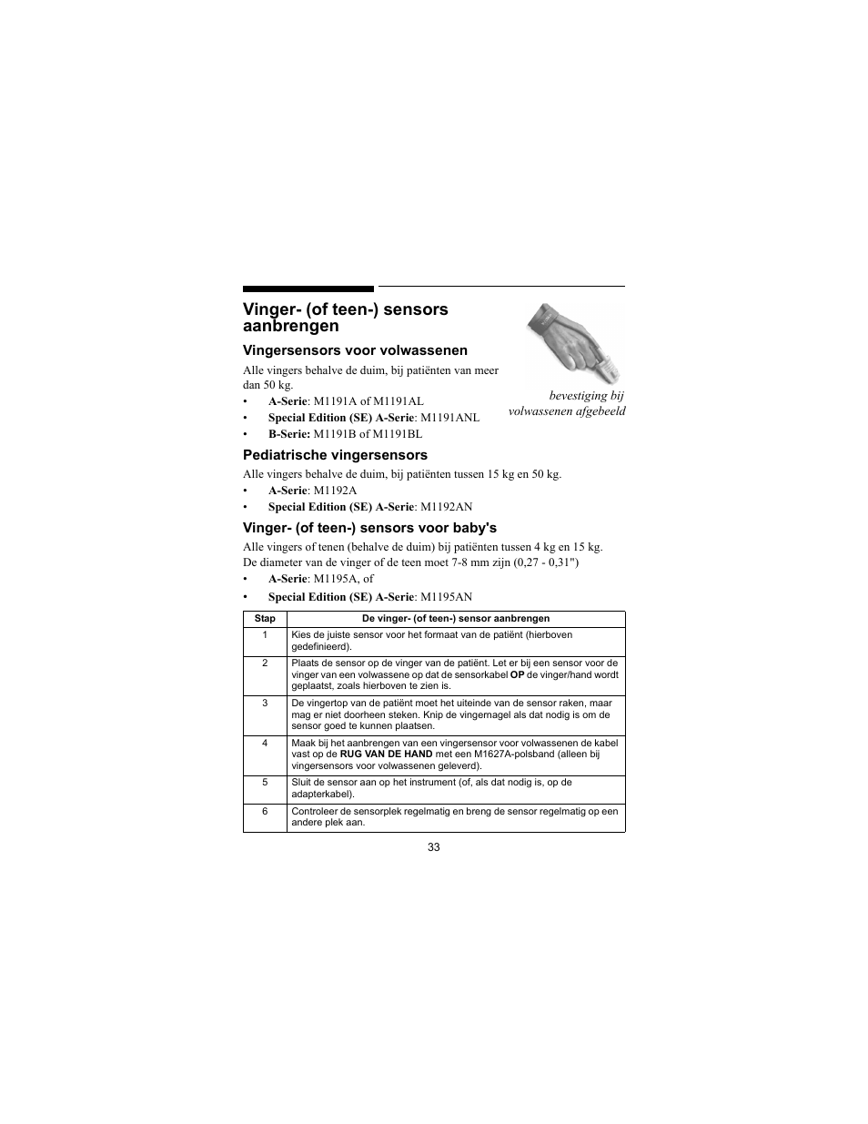 Vinger- (of teen-) sensors aanbrengen | Philips SPO2 M1191A User Manual | Page 35 / 247