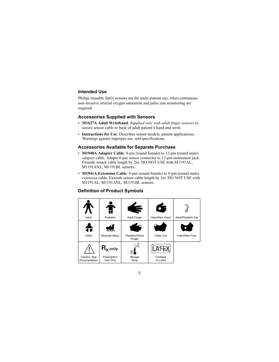 Intended use, Accessories supplied with sensors, Accessories available for separate purchase | Definition of product symbols | Philips SPO2 M1191A User Manual | Page 4 / 247