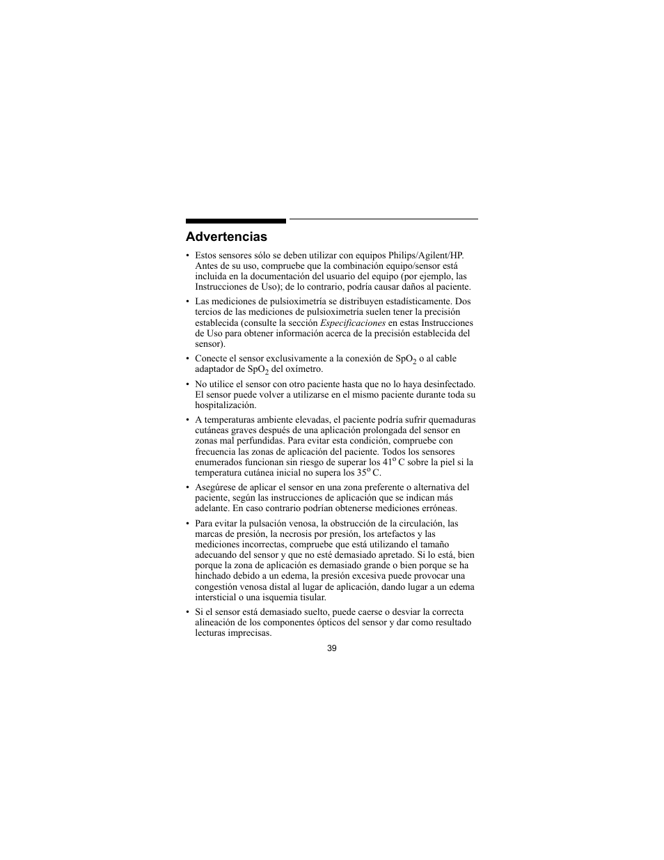 Advertencias | Philips SPO2 M1191A User Manual | Page 41 / 247