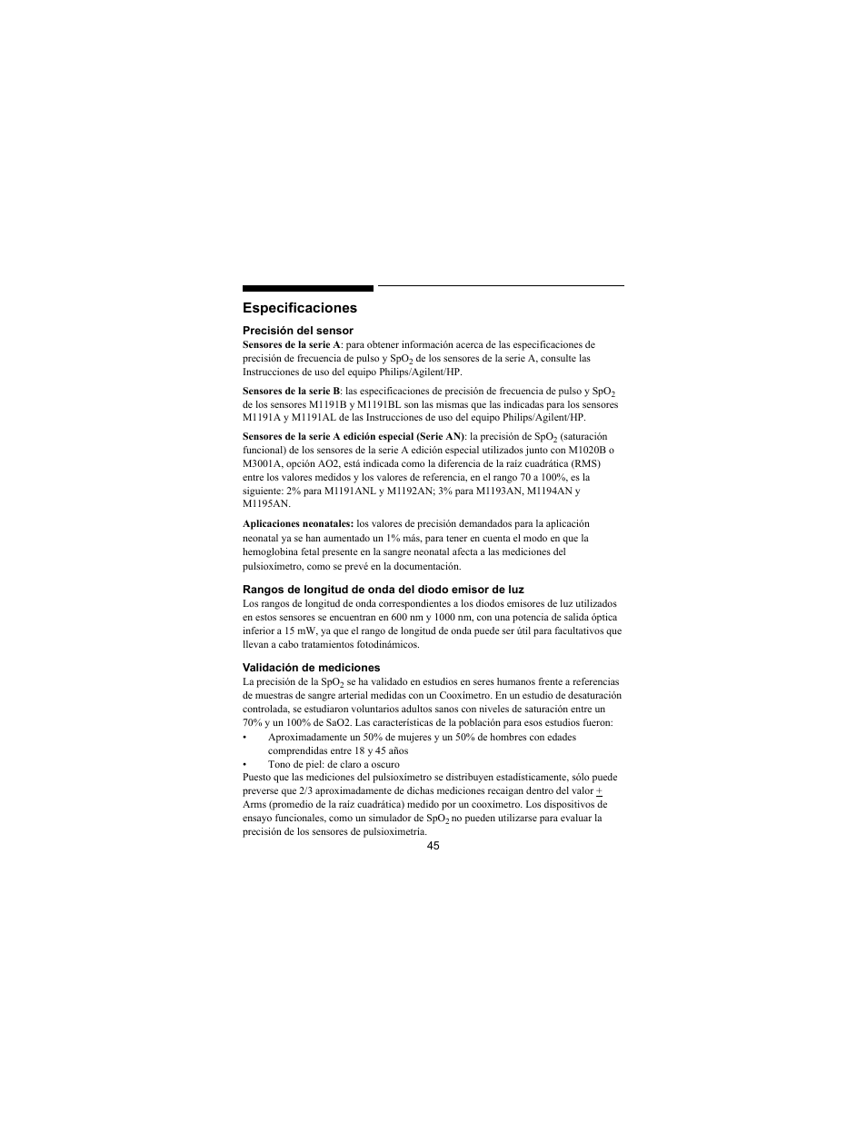 Especificaciones | Philips SPO2 M1191A User Manual | Page 47 / 247