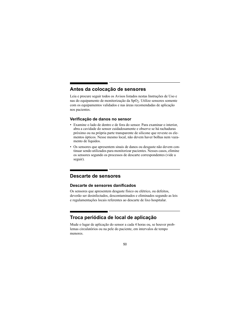Antes da colocação de sensores, Descarte de sensores, Troca periódica de local de aplicação | Philips SPO2 M1191A User Manual | Page 52 / 247