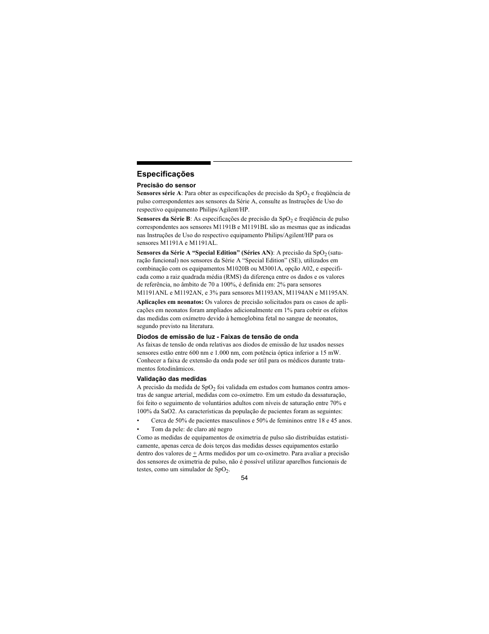 Especificações | Philips SPO2 M1191A User Manual | Page 56 / 247