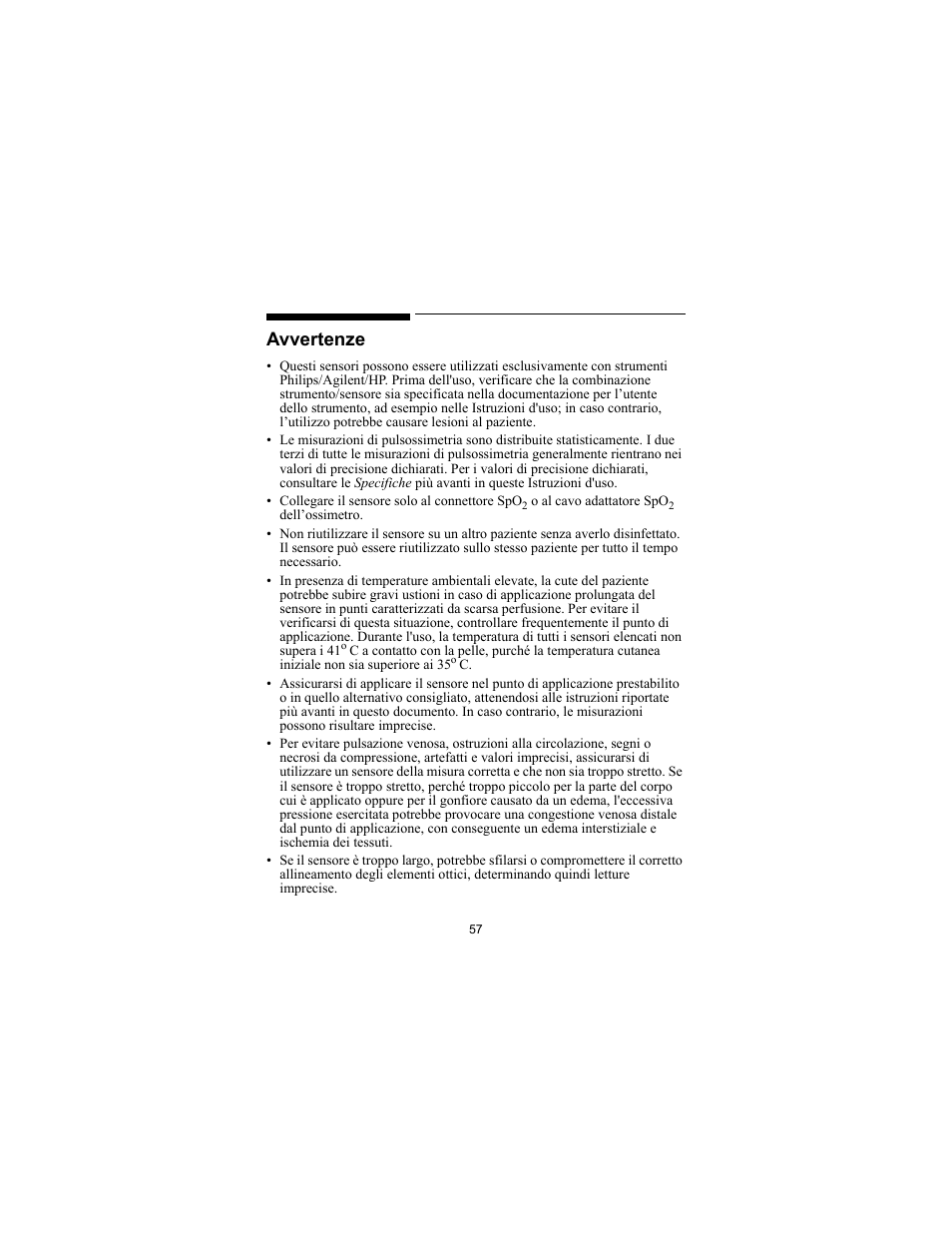 Avvertenze | Philips SPO2 M1191A User Manual | Page 59 / 247