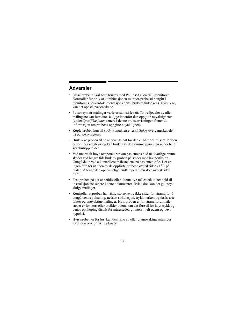 Advarsler | Philips SPO2 M1191A User Manual | Page 68 / 247