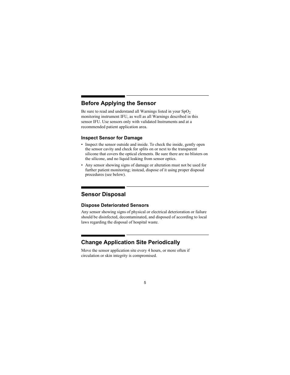 Before applying the sensor, Sensor disposal, Change application site periodically | Philips SPO2 M1191A User Manual | Page 7 / 247