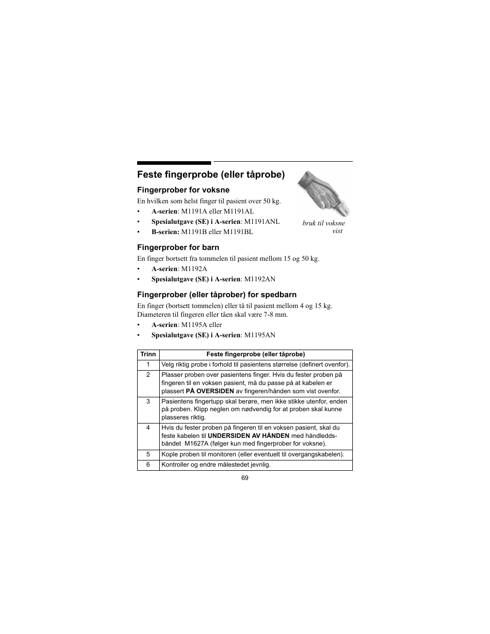 Feste fingerprobe (eller tåprobe) | Philips SPO2 M1191A User Manual | Page 71 / 247