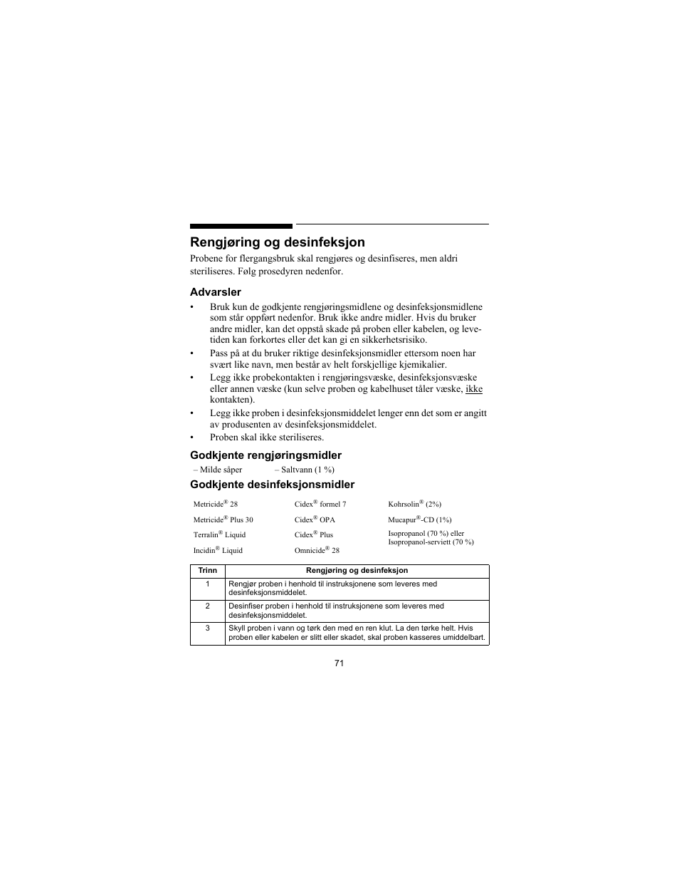 Rengjøring og desinfeksjon, Advarsler | Philips SPO2 M1191A User Manual | Page 73 / 247
