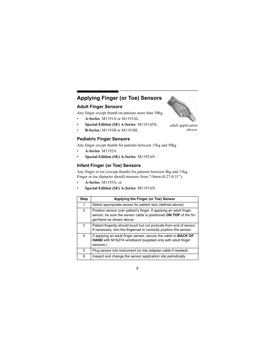 Applying finger (or toe) sensors | Philips SPO2 M1191A User Manual | Page 8 / 247
