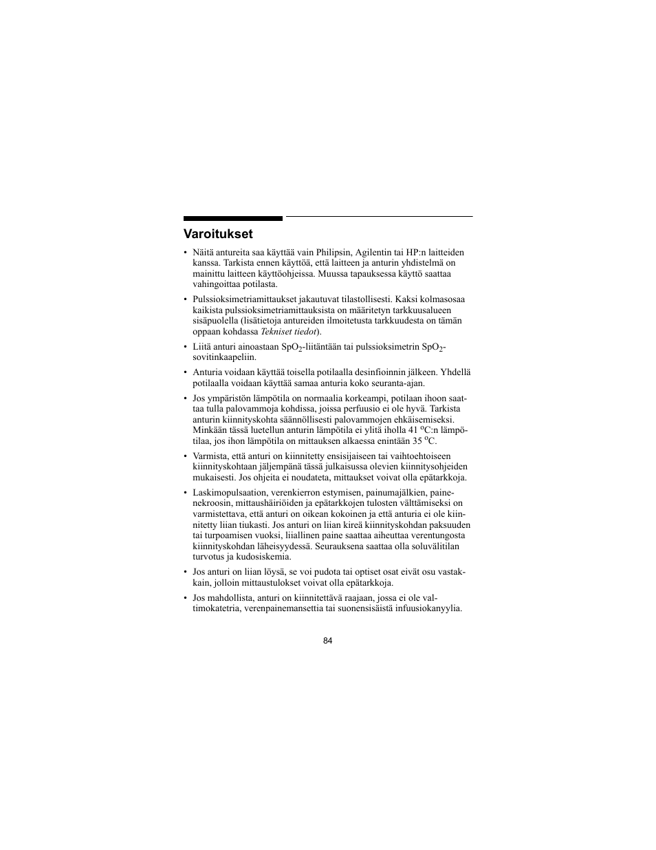Varoitukset | Philips SPO2 M1191A User Manual | Page 86 / 247