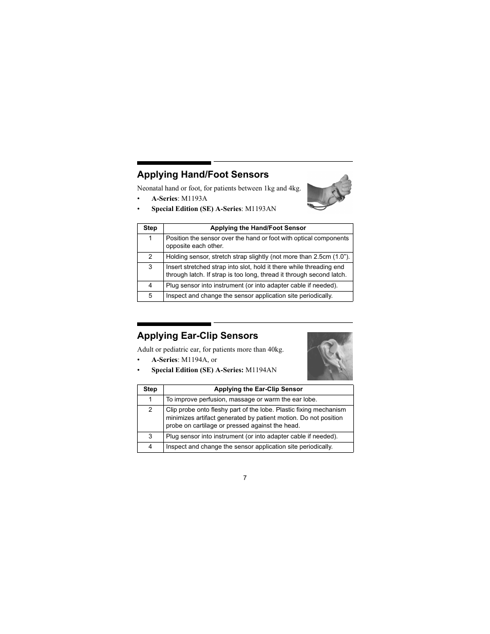 Applying hand/foot sensors, Applying ear-clip sensors | Philips SPO2 M1191A User Manual | Page 9 / 247