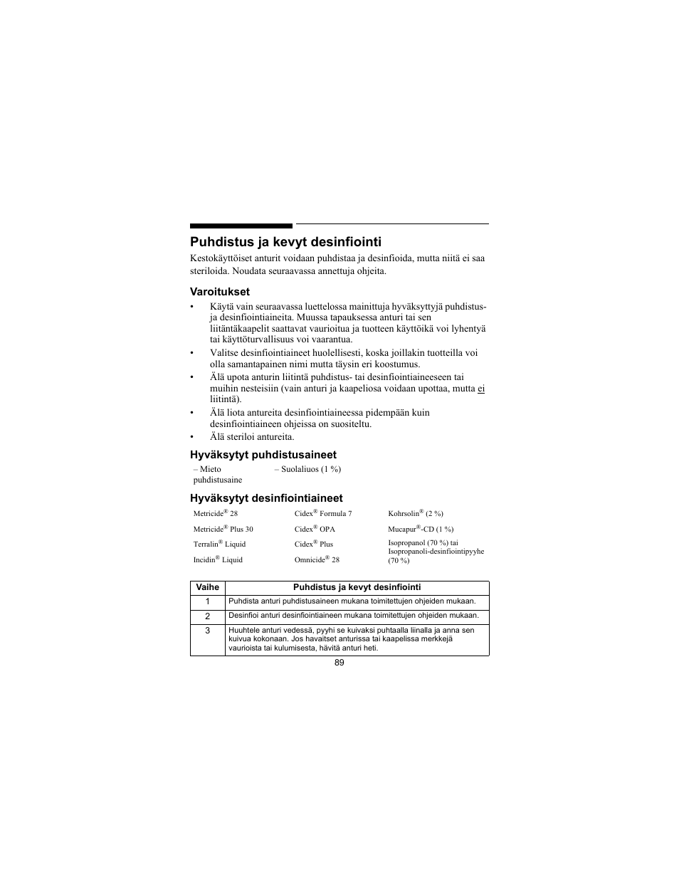 Puhdistus ja kevyt desinfiointi, Varoitukset | Philips SPO2 M1191A User Manual | Page 91 / 247
