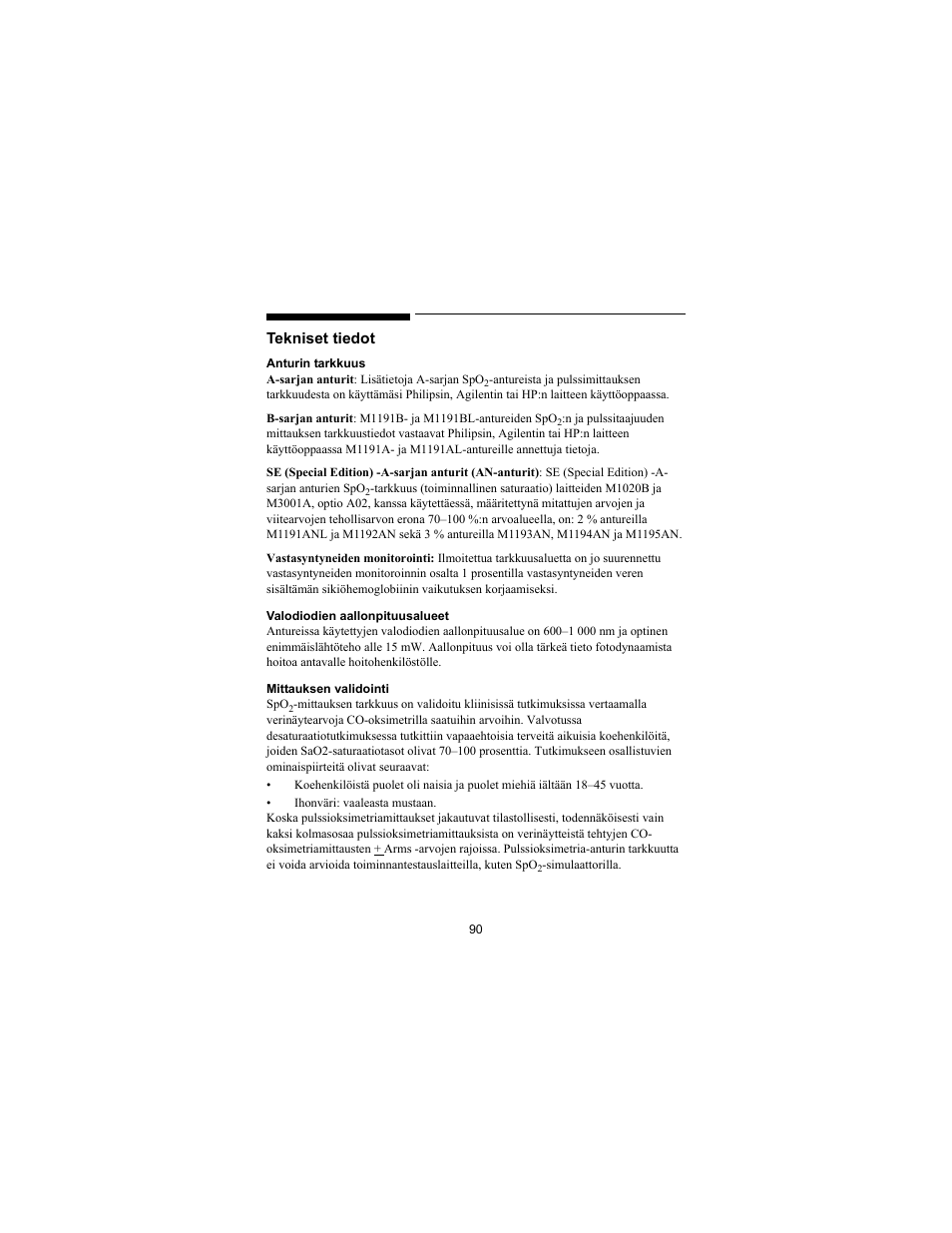 Tekniset tiedot | Philips SPO2 M1191A User Manual | Page 92 / 247