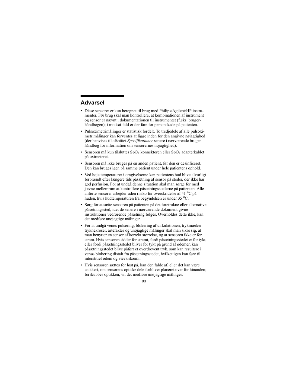 Advarsel | Philips SPO2 M1191A User Manual | Page 95 / 247