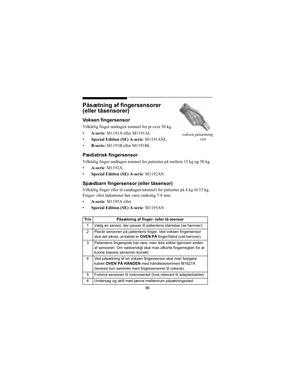 Påsætning af fingersensorer (eller tåsensorer) | Philips SPO2 M1191A User Manual | Page 98 / 247