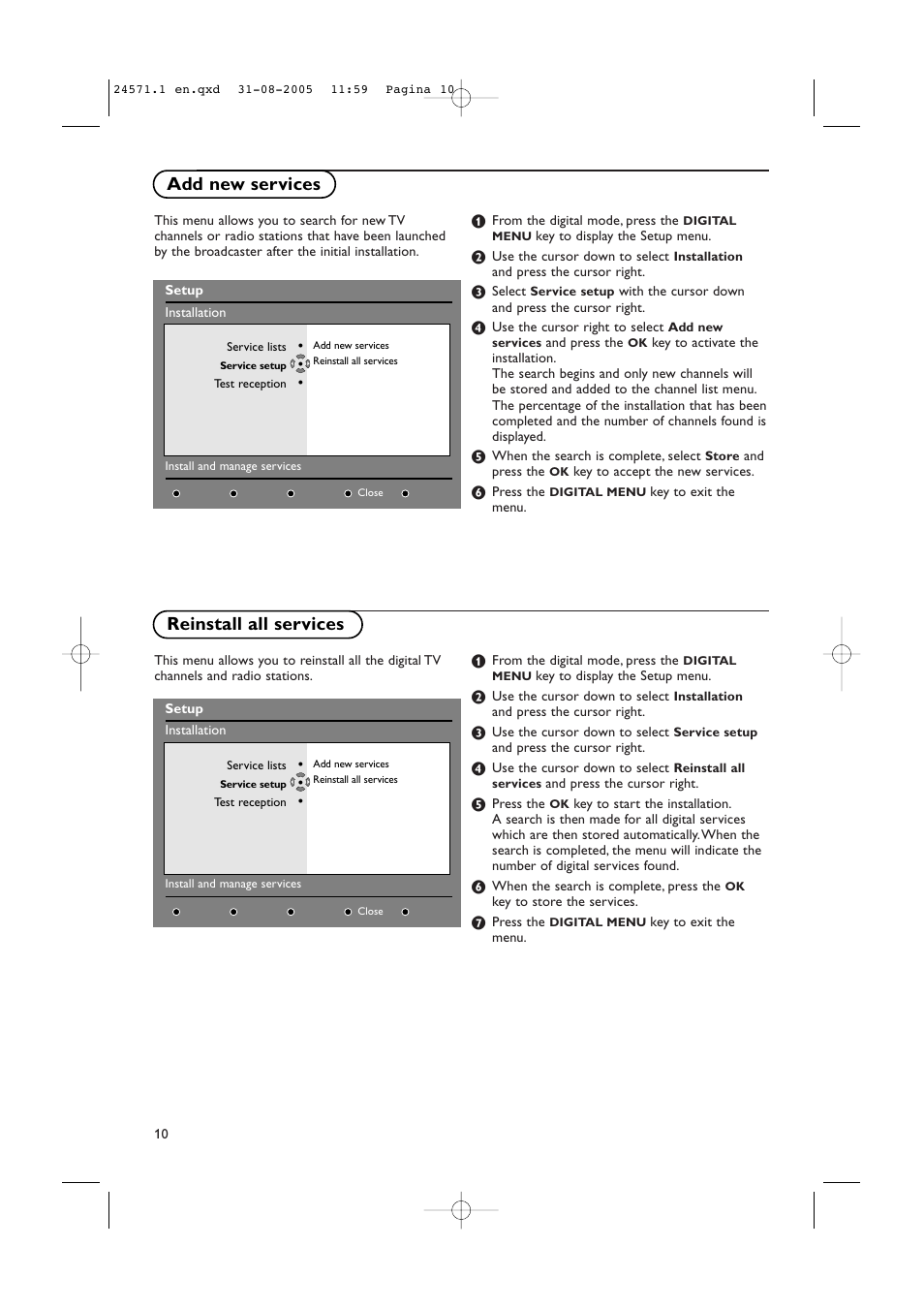 Reinstall all services add new services | Philips 50PF9967D/10 User Manual | Page 10 / 38