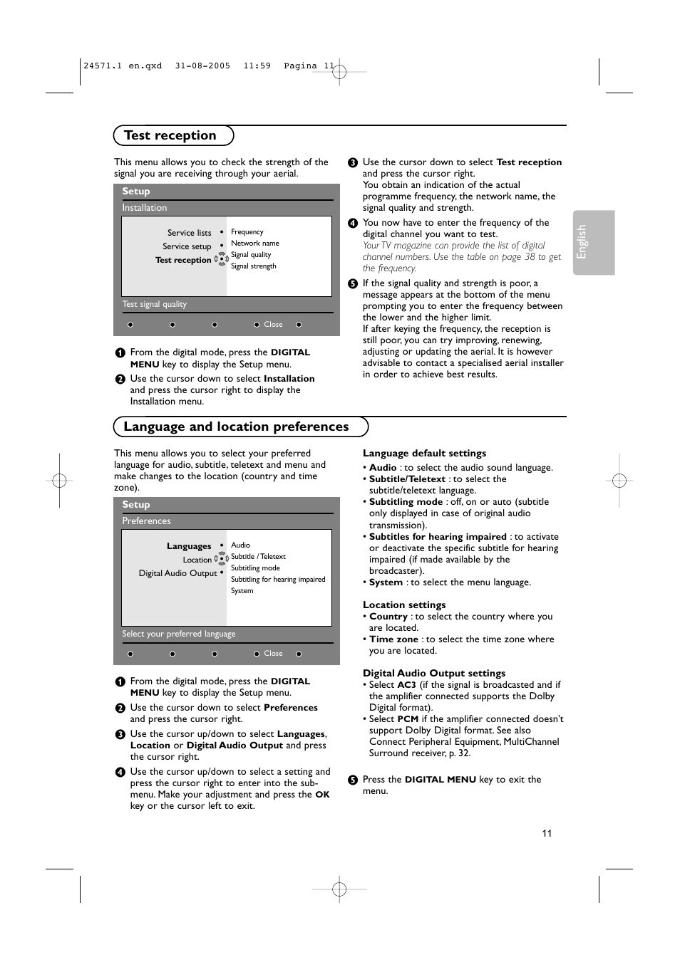 Language and location preferences test reception, English | Philips 50PF9967D/10 User Manual | Page 11 / 38