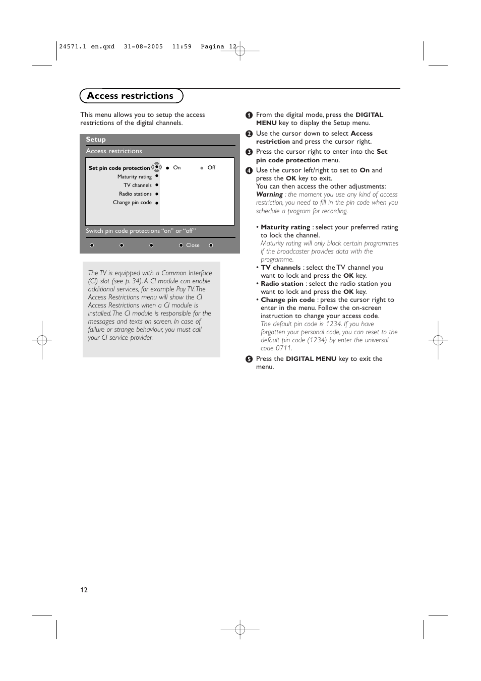Access restrictions | Philips 50PF9967D/10 User Manual | Page 12 / 38